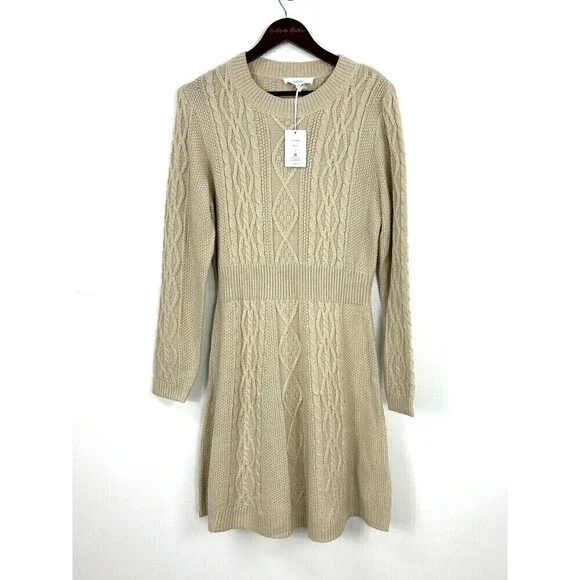 New Lucky Brand Womens Size XL Peyote Beige Cable Knit Chunky Sweater Dress N4 - Picture 2 of 12